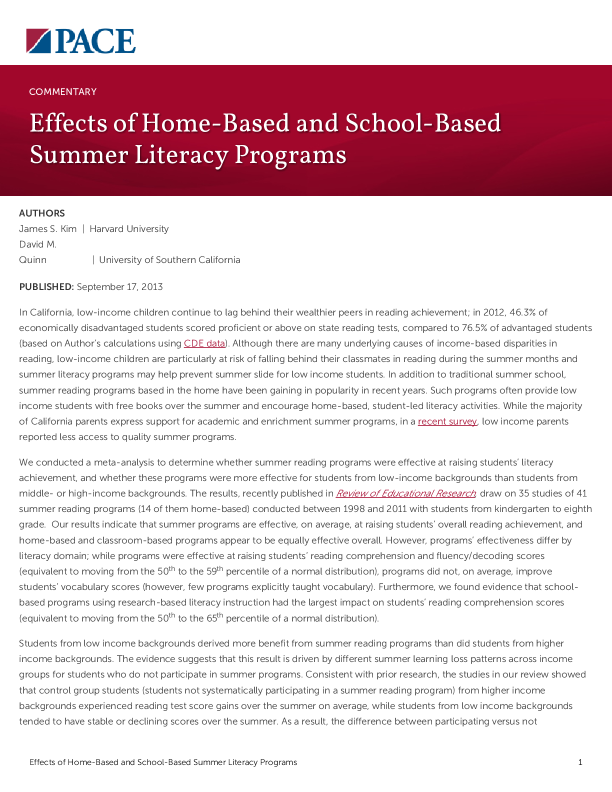 Effects of Home-Based and School-Based Summer Literacy Programs PDF