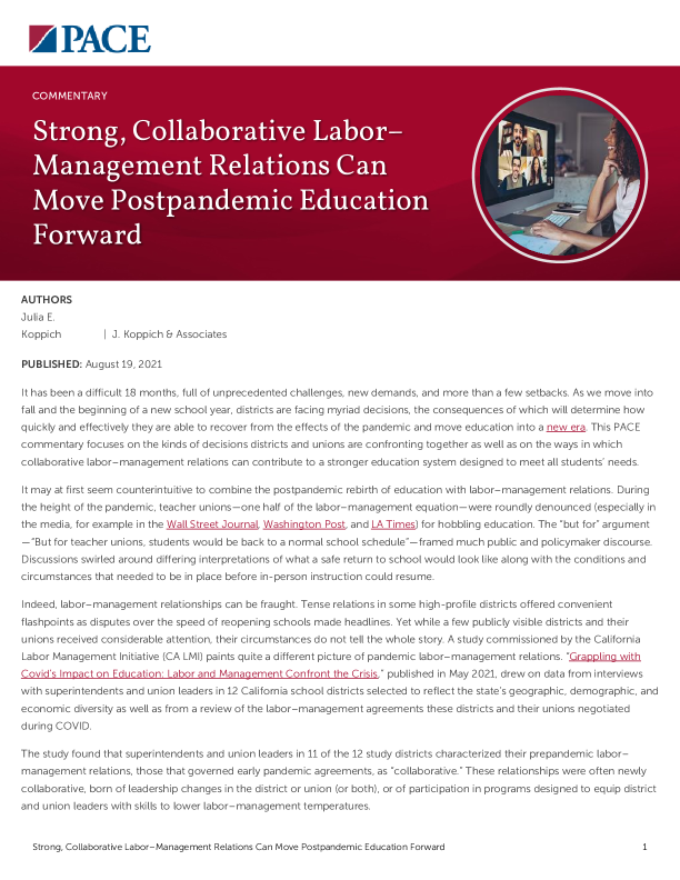 Strong, Collaborative Labor–Management Relations Can Move Postpandemic Education Forward PDF
