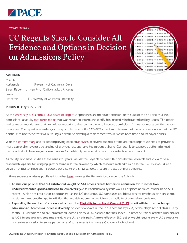 UC Regents Should Consider All Evidence and Options in Decision on Admissions Policy PDF