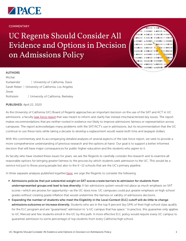 UC Regents Should Consider All Evidence and Options in Decision on Admissions Policy PDF