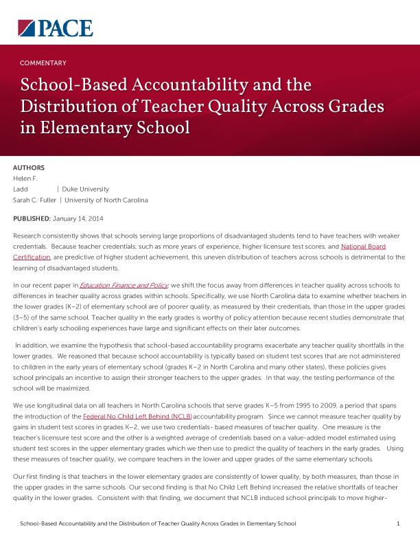 School-Based Accountability and the Distribution of Teacher Quality Across Grades in Elementary School PDF