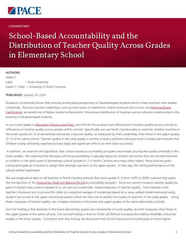 School-Based Accountability and the Distribution of Teacher Quality Across Grades in Elementary School PDF