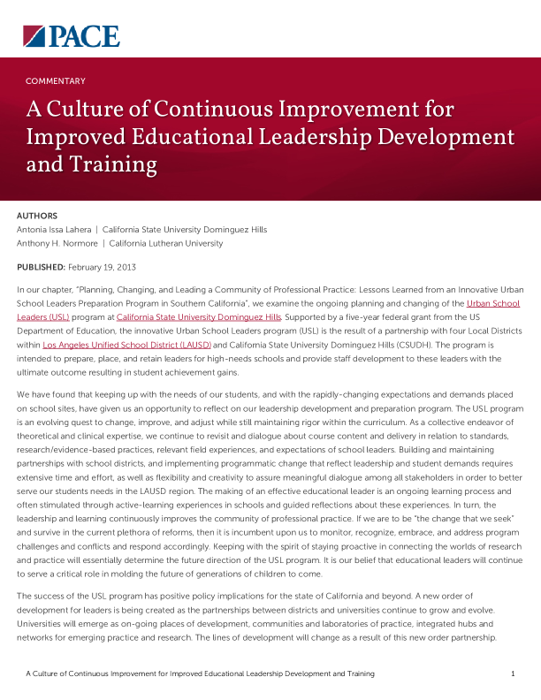 A Culture of Continuous Improvement for Improved Educational Leadership Development and Training PDF
