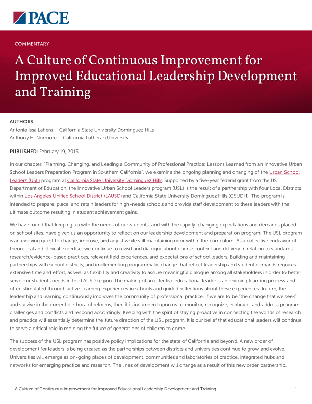 A Culture of Continuous Improvement for Improved Educational Leadership Development and Training PDF