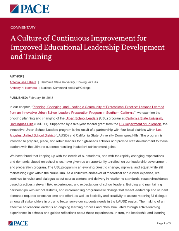 A Culture of Continuous Improvement for Improved Educational Leadership Development and Training PDF
