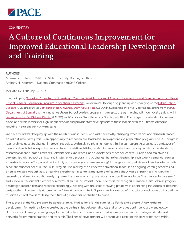 A Culture of Continuous Improvement for Improved Educational Leadership Development and Training PDF