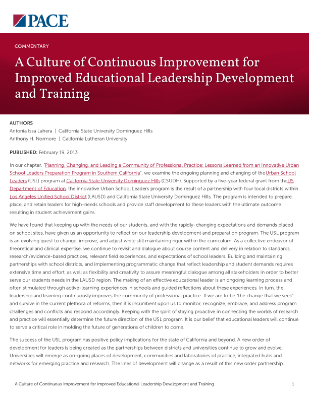 A Culture of Continuous Improvement for Improved Educational Leadership Development and Training PDF