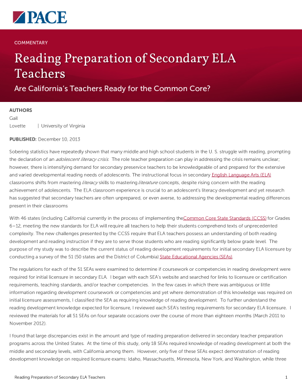 Reading Preparation of Secondary ELA Teachers PDF