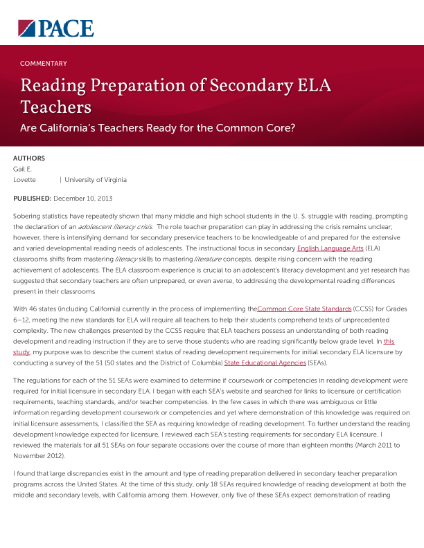 Reading Preparation of Secondary ELA Teachers PDF