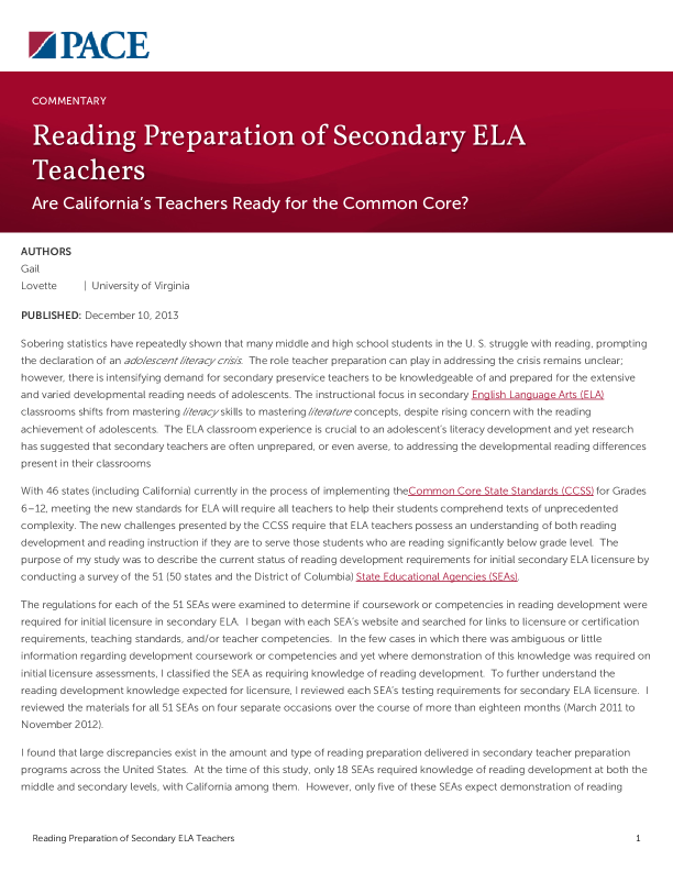 Reading Preparation of Secondary ELA Teachers PDF