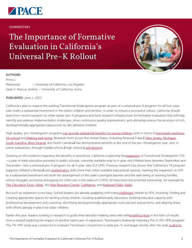The Importance of Formative Evaluation in California’s Universal Pre–K Rollout  PDF