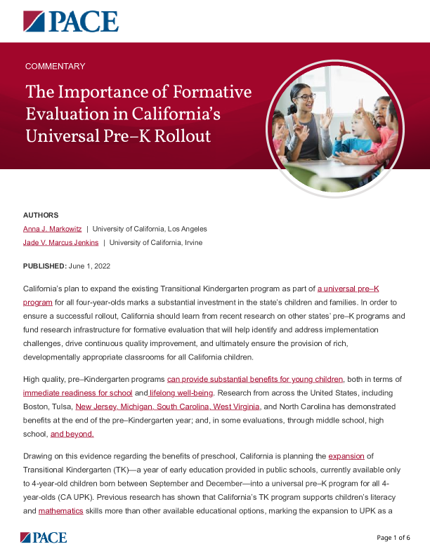 The Importance of Formative Evaluation in California’s Universal Pre–K Rollout  PDF
