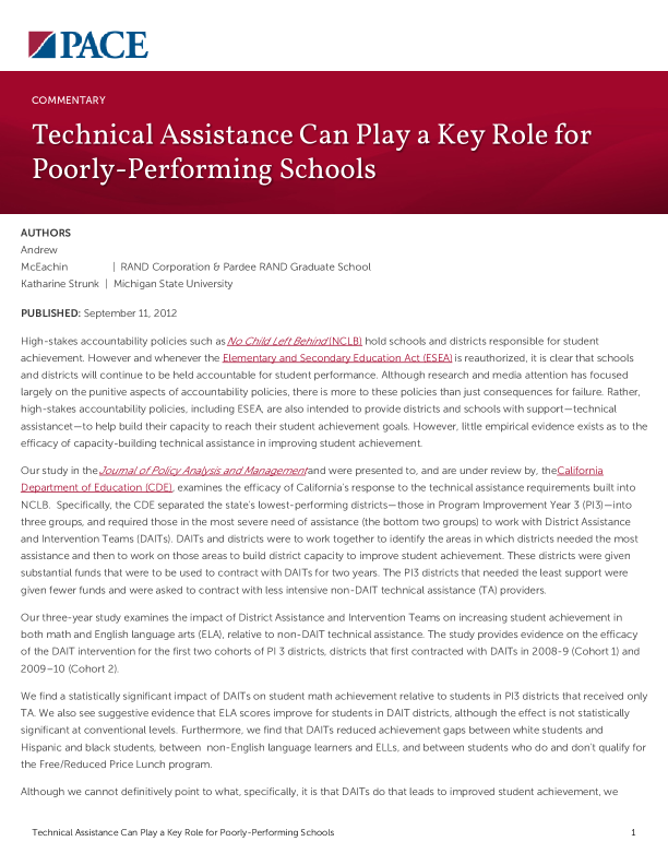 Technical Assistance Can Play a Key Role for Poorly-Performing Schools PDF