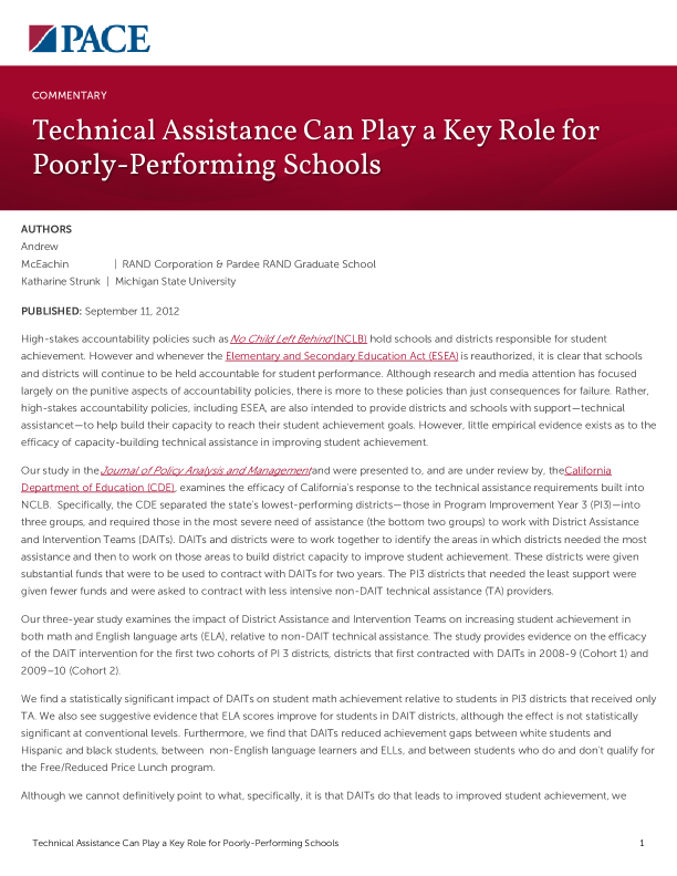 Technical Assistance Can Play a Key Role for Poorly-Performing Schools PDF