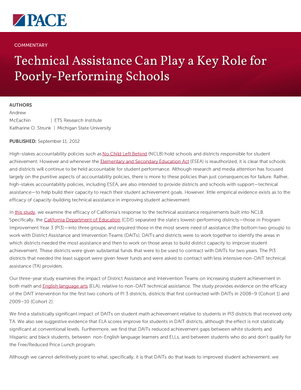 Technical Assistance Can Play a Key Role for Poorly-Performing Schools PDF