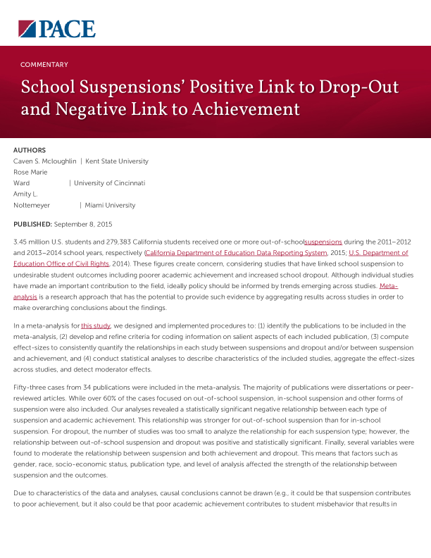 School Suspensions’ Positive Link to Drop-Out and Negative Link to Achievement PDF