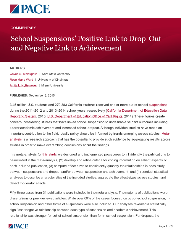 School Suspensions’ Positive Link to Drop-Out and Negative Link to Achievement PDF