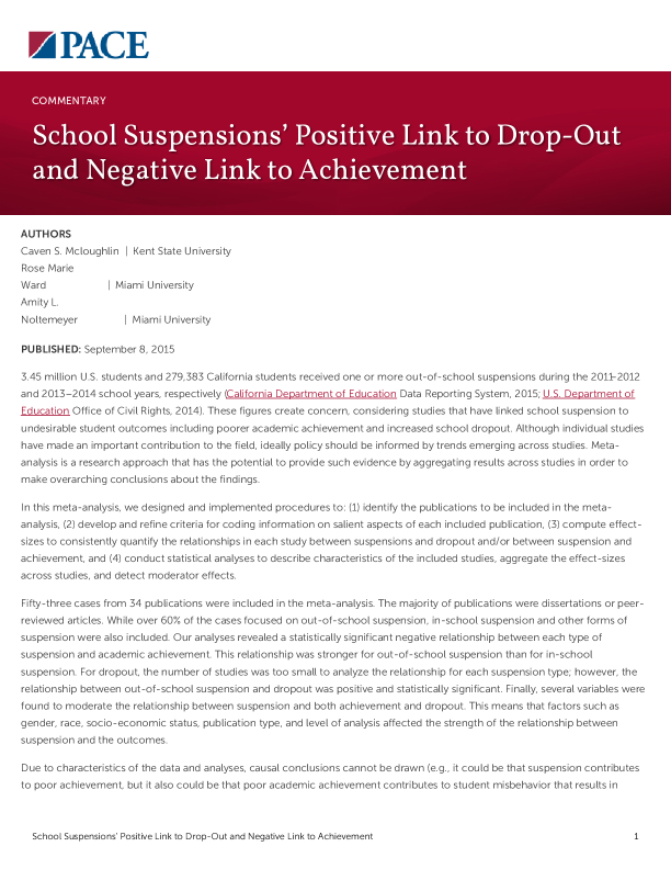 School Suspensions’ Positive Link to Drop-Out and Negative Link to Achievement PDF