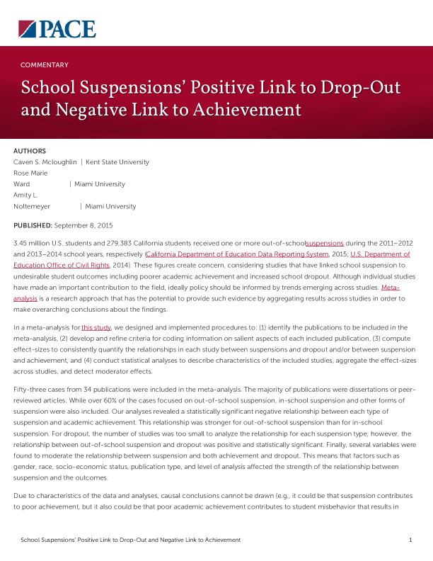 School Suspensions’ Positive Link to Drop-Out and Negative Link to Achievement PDF