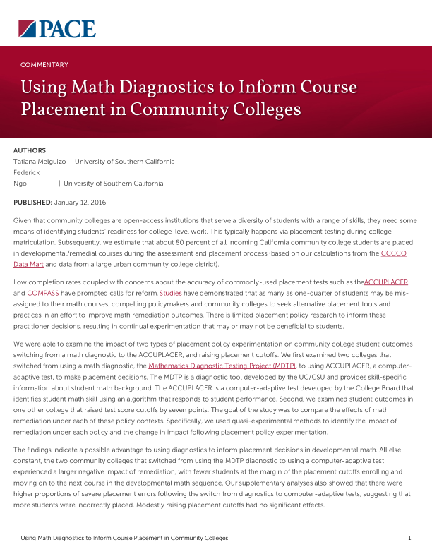 Using Math Diagnostics to Inform Course Placement in Community Colleges PDF