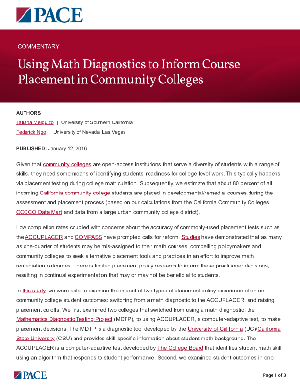 Using Math Diagnostics to Inform Course Placement in Community Colleges PDF