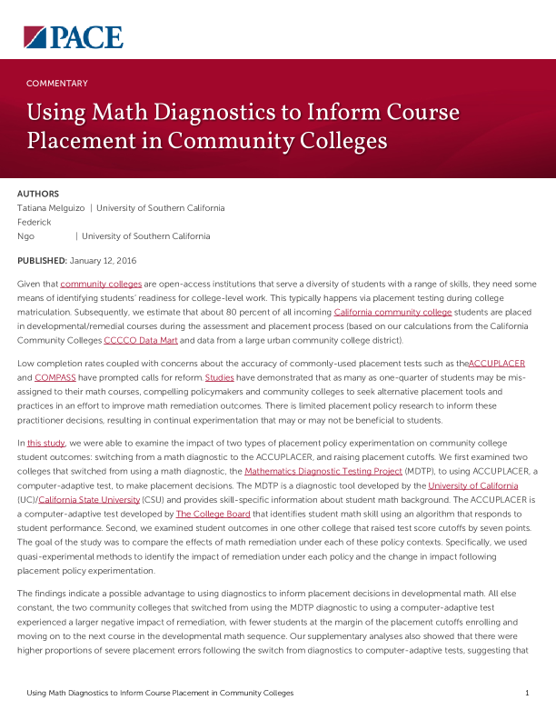 Using Math Diagnostics to Inform Course Placement in Community Colleges PDF