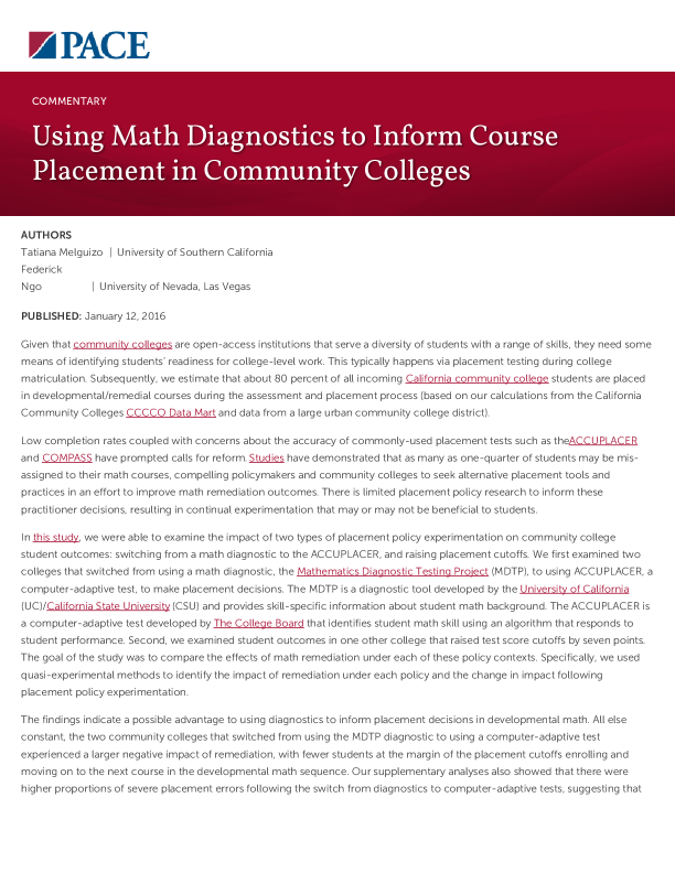 Using Math Diagnostics to Inform Course Placement in Community Colleges PDF