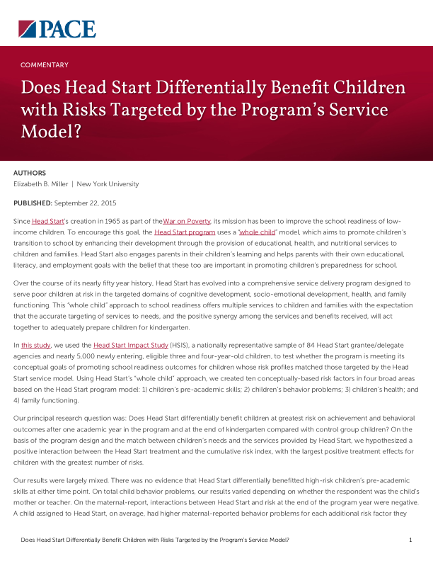 Does Head Start Differentially Benefit Children with Risks Targeted by the Program’s Service Model? PDF