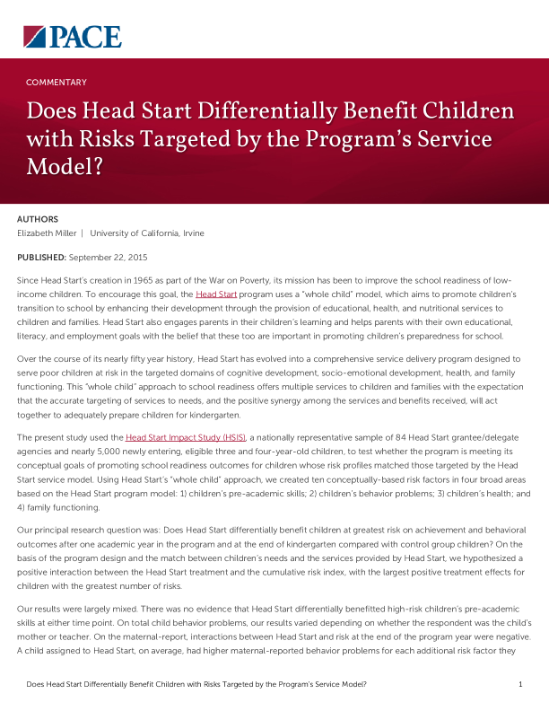 Does Head Start Differentially Benefit Children with Risks Targeted by the Program’s Service Model? PDF