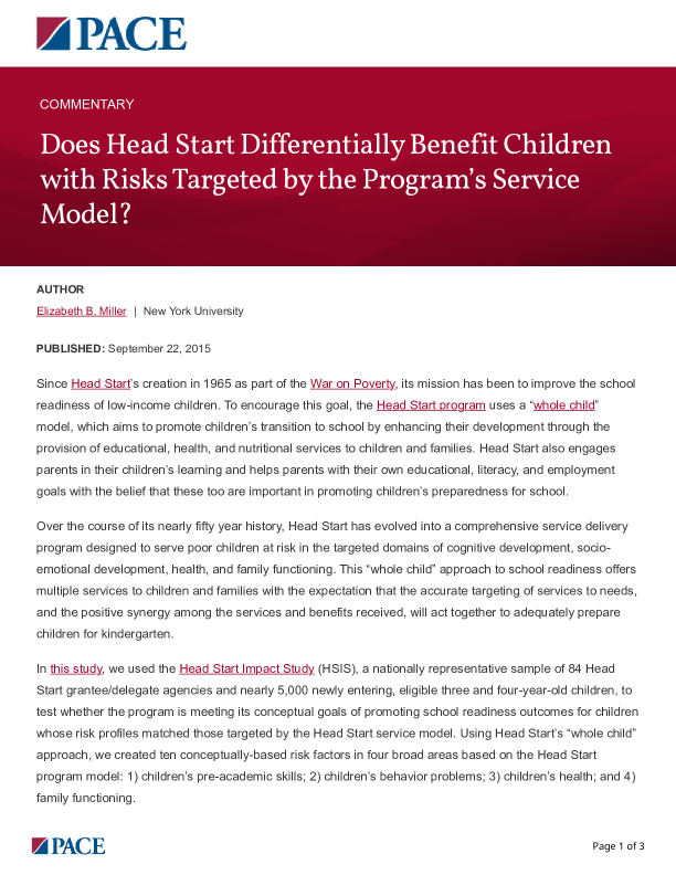 Does Head Start Differentially Benefit Children with Risks Targeted by the Program’s Service Model? PDF