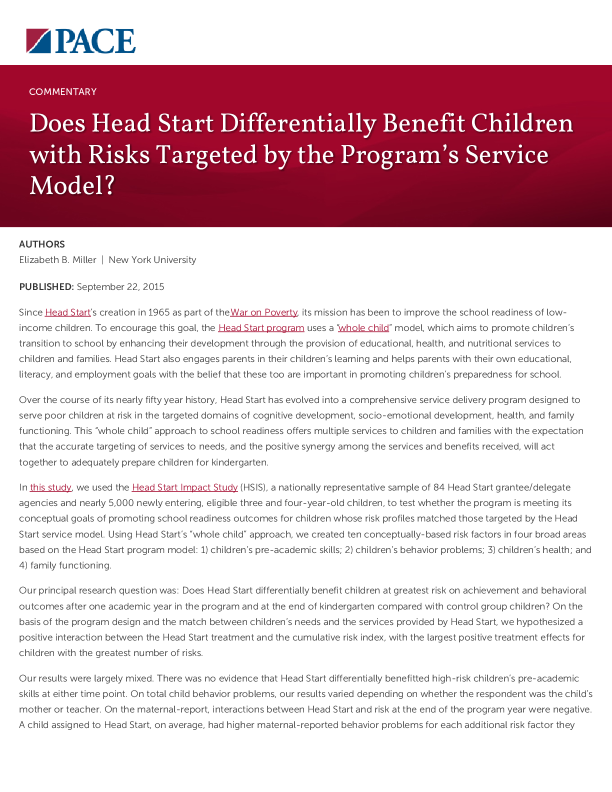 Does Head Start Differentially Benefit Children with Risks Targeted by the Program’s Service Model? PDF