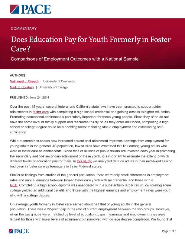 Does Education Pay for Youth Formerly in Foster Care? PDF
