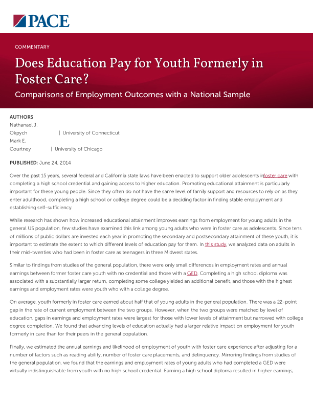 Does Education Pay for Youth Formerly in Foster Care? PDF