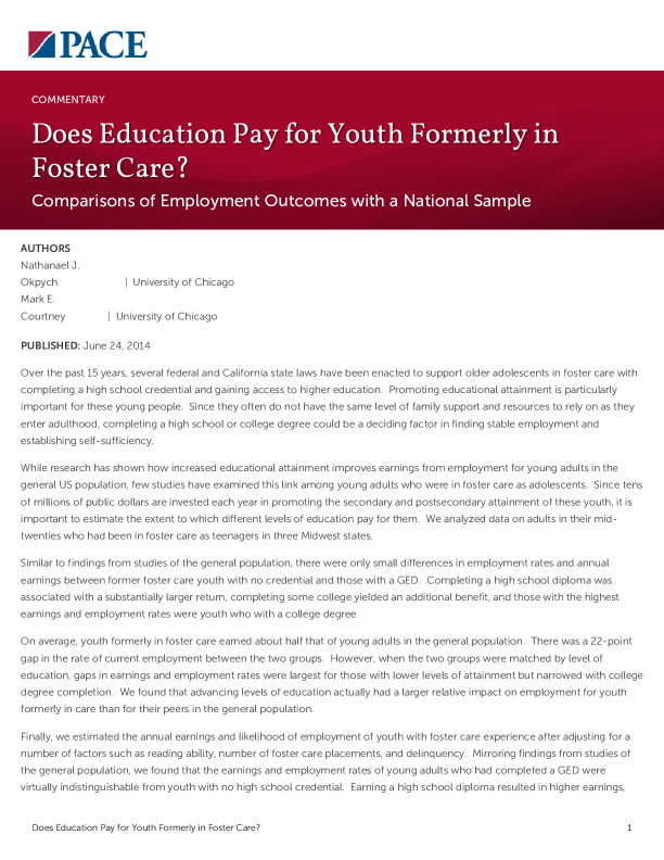Does Education Pay for Youth Formerly in Foster Care? PDF