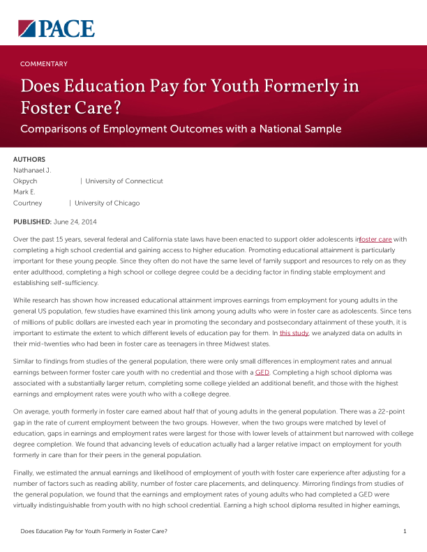 Does Education Pay for Youth Formerly in Foster Care? PDF