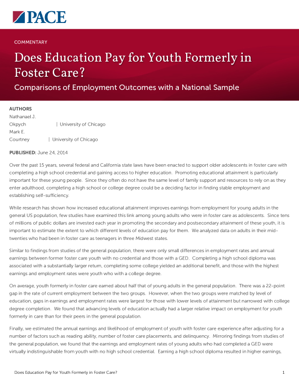 Does Education Pay for Youth Formerly in Foster Care? PDF