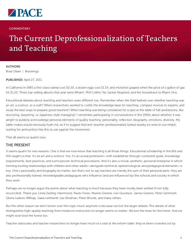The Current Deprofessionalization of Teachers and Teaching PDF