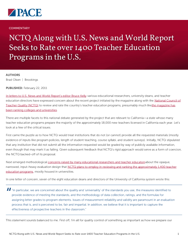 NCTQ Along with U.S. News and World Report Seeks to Rate over 1400 Teacher Education Programs in the U.S. PDF