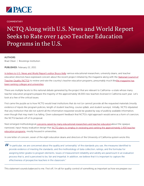 NCTQ Along with U.S. News and World Report Seeks to Rate over 1400 Teacher Education Programs in the U.S. PDF