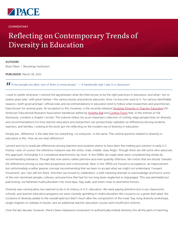 Reflecting on Contemporary Trends of Diversity in Education PDF