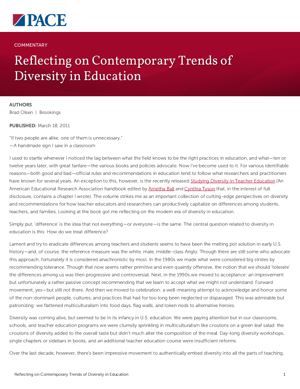 Reflecting on Contemporary Trends of Diversity in Education PDF