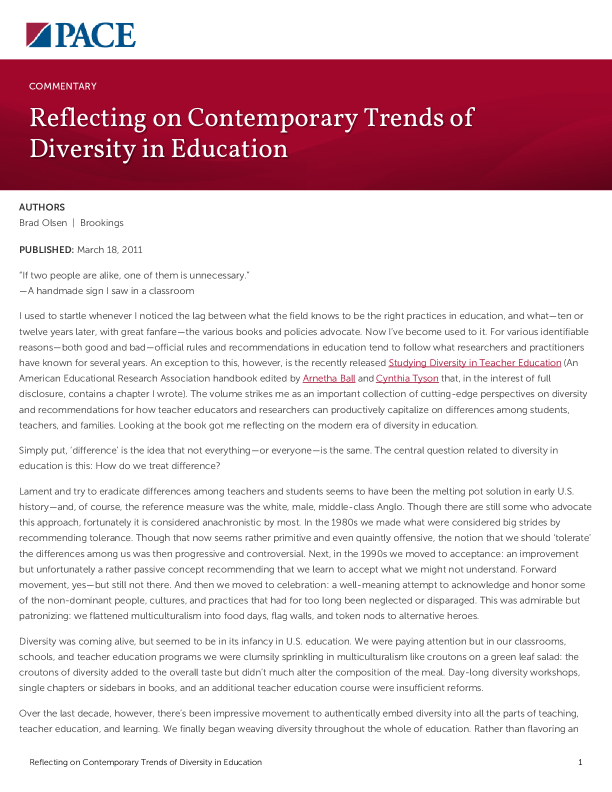 Reflecting on Contemporary Trends of Diversity in Education PDF