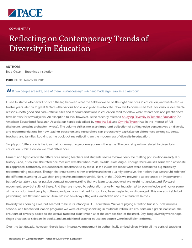 Reflecting on Contemporary Trends of Diversity in Education PDF