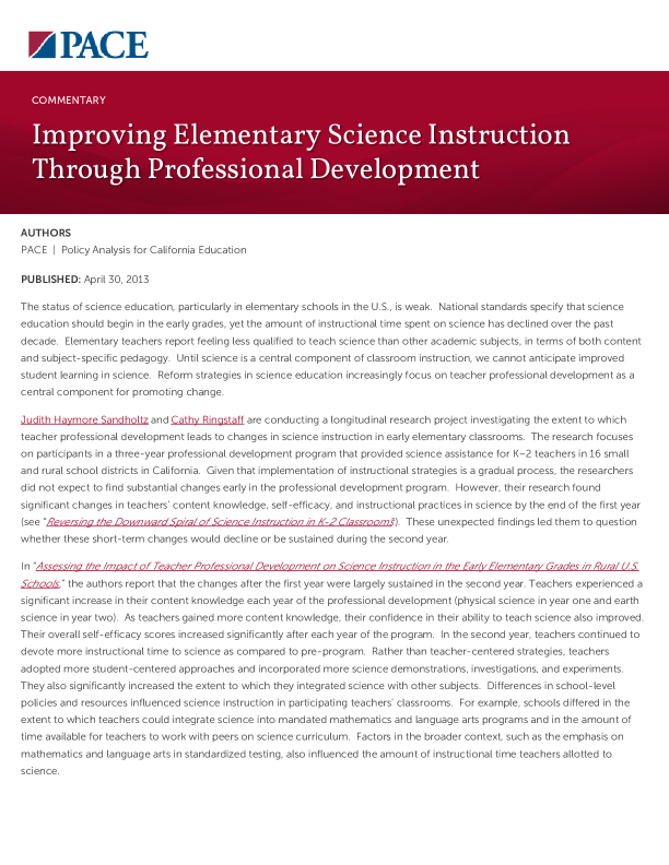 Improving Elementary Science Instruction Through Professional Development PDF