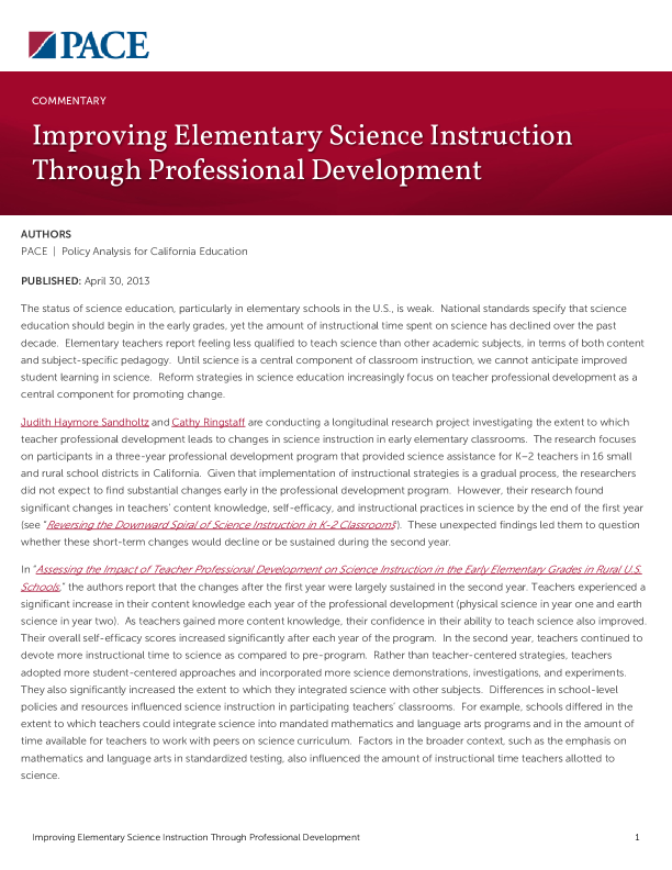 Improving Elementary Science Instruction Through Professional Development PDF