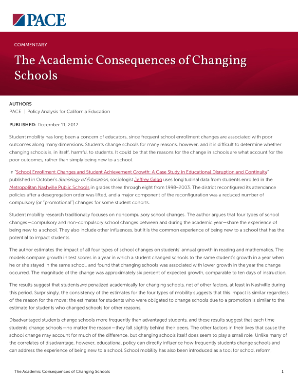 The Academic Consequences of Changing Schools PDF