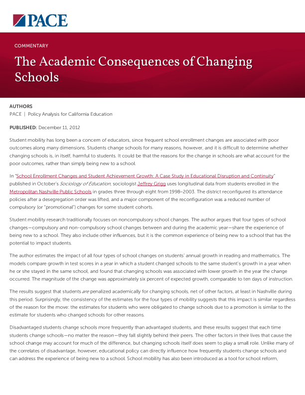The Academic Consequences of Changing Schools PDF