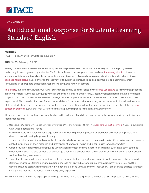 An Educational Response for Students Learning Standard English PDF