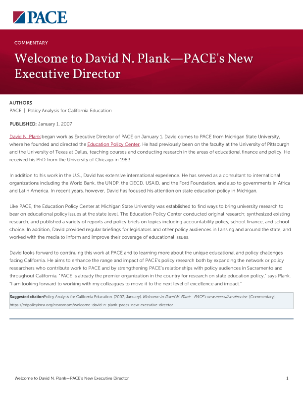 Welcome to David N. Plank—PACE's New Executive Director PDF