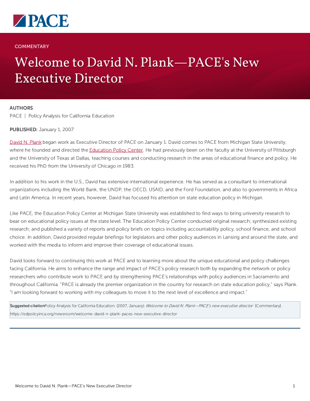 Welcome to David N. Plank—PACE's New Executive Director PDF